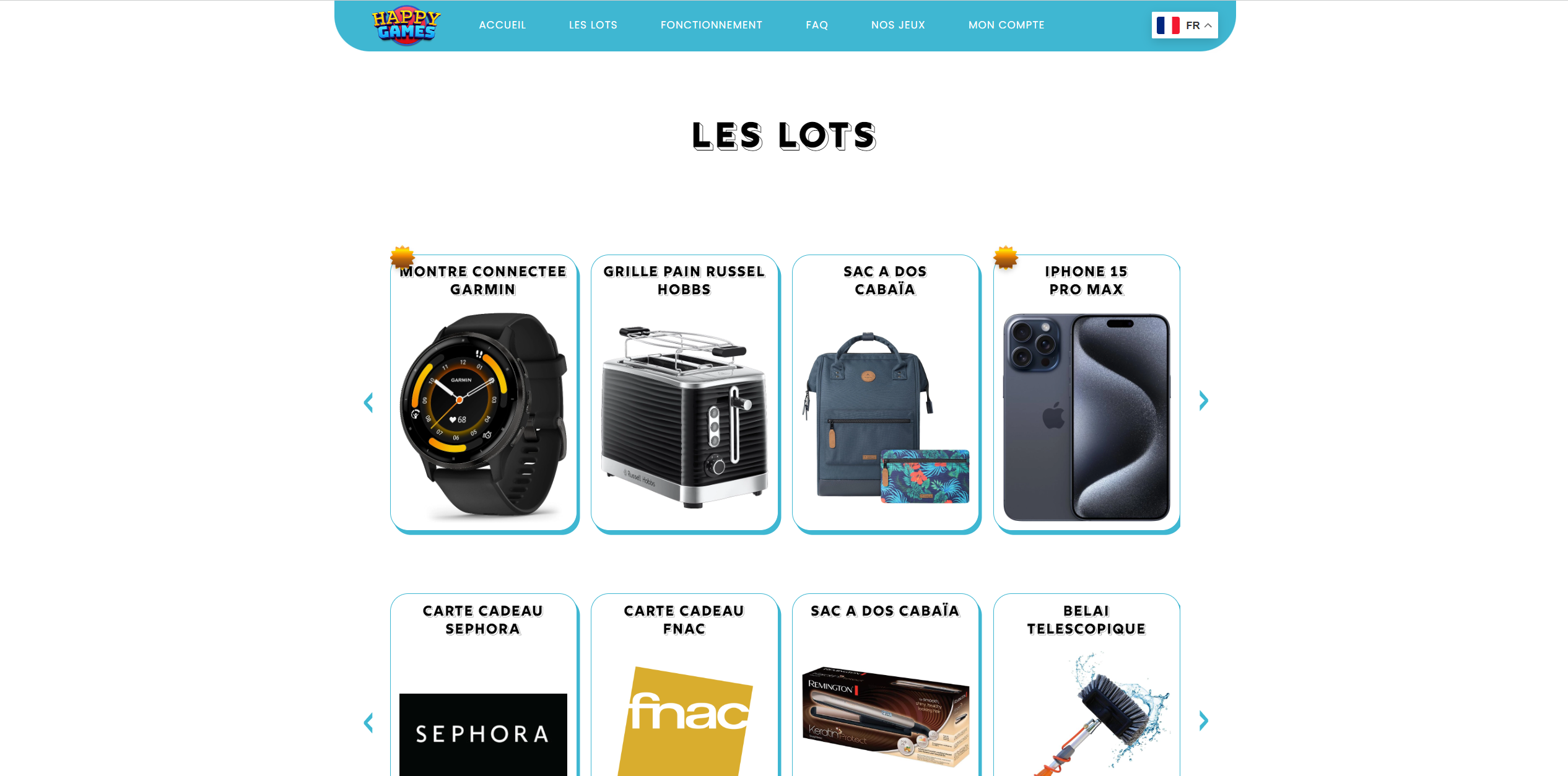 Page des différents lots à gagner